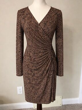 Lauren Ralph Lauren Brown & Cream V Neck Faux Wrap Dress Size 8